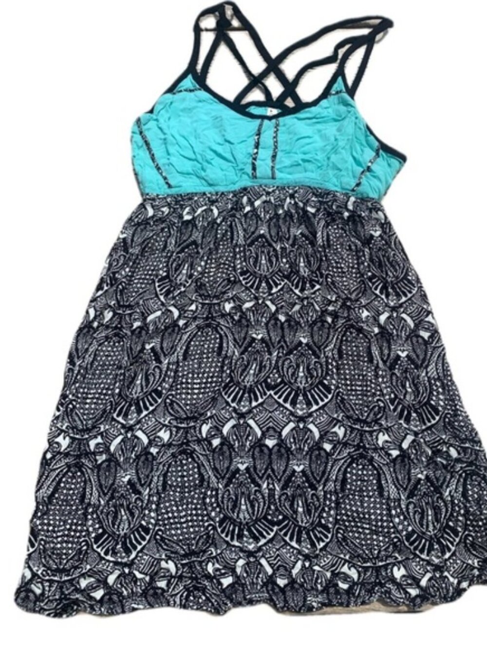 Gentle Fawn Boho Strappy Dress Black White Patterned Skirt Teal Top Size M